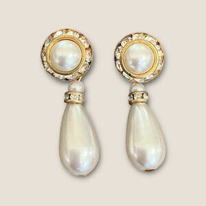 Vintage Faux Pearl Drop Dangle Earrings With Gold-Tone Accents And Rhinestones 1